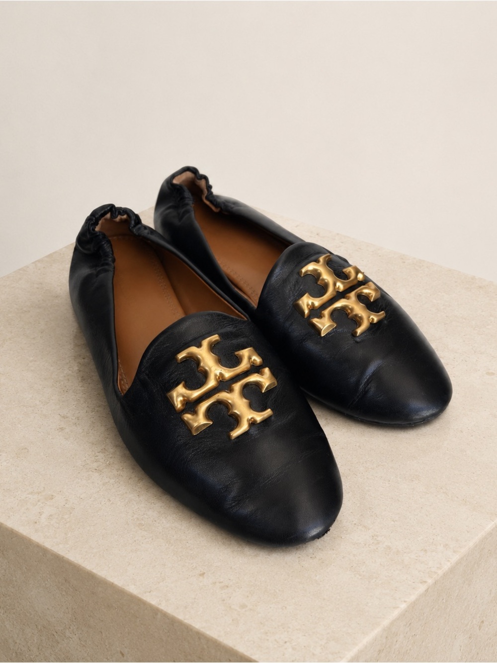 Tory Burch Black Leather Slip-On Loafers with Gold Logo